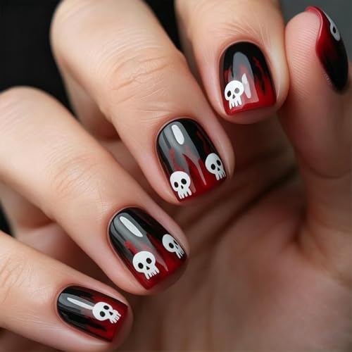 Halloween Press-On Nails Short Square Fake Nails with Skull Design - Style-37