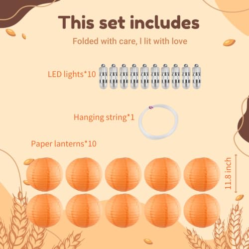 Orange Chinese Paper Lanterns with LED Lights - 12 Inch, 10 Pack - Indoor/Outdoor Decor
