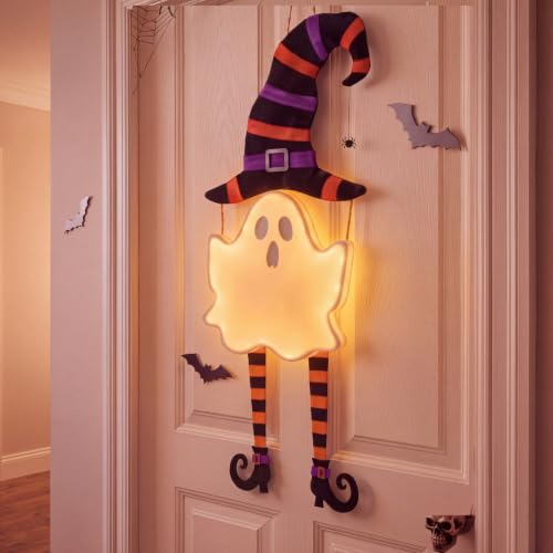 Halloween Ghost Light Up Door Sign Wooden Large Size - Spooky Door Hanger with Lamp