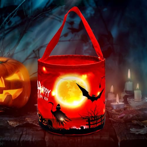 LED Light Up Pumpkin Candy Bag - Collapsible Reusable Halloween Trick or Treat Basket - Red