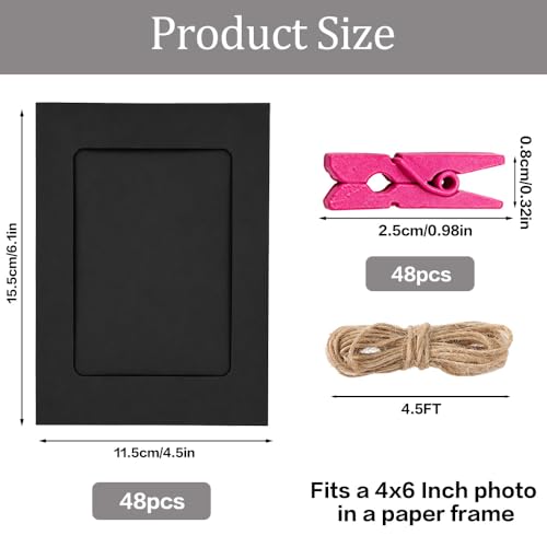 48PCS Black Paper Photo Frames with Clips & String - DIY Wall Display Set - Evechole