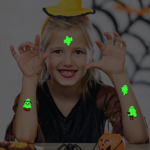Glow in the Dark Halloween Ghost Tattoos - 12 Sheets, Waterproof & Long Lasting