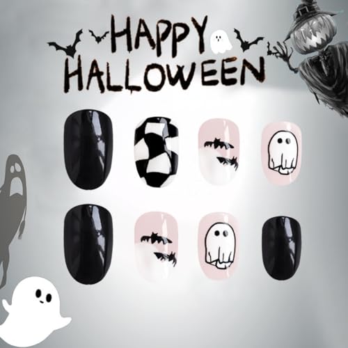 Halloween Press On Nails Short Oval Ghost Bat Design - Style-6, Black Pink