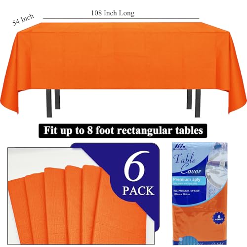Disposable Orange Paper Tablecloth for Rectangle Tables 54x108 Inches - Waterproof, 6 Pack