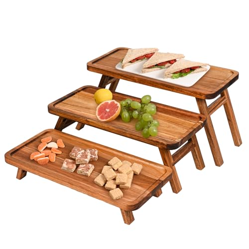 Acacia Brown 3-Tier Wooden Serving Tray Set - Foldable Dessert & Charcuterie Display