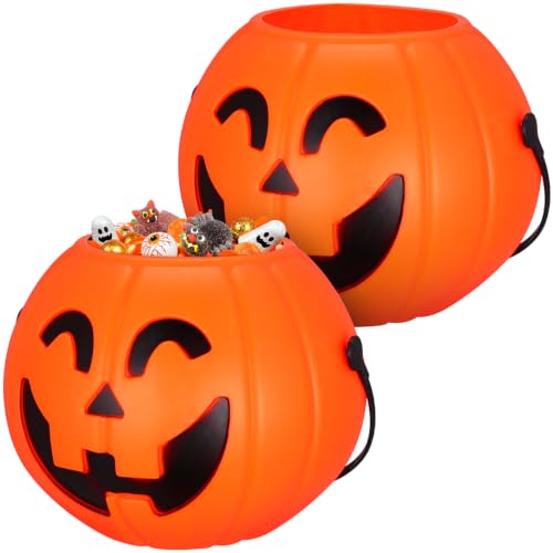 2 Pack Plastic Pumpkin Trick or Treat Buckets with Handle - Halloween Candy Baskets