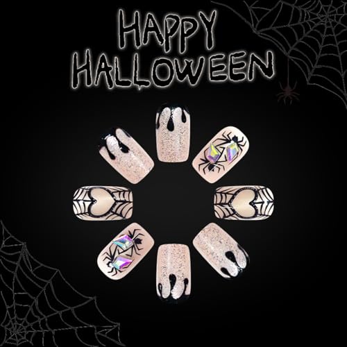 Halloween Spider Press On Nails - 24Pcs Silver Glitter Fake Nails with 3D Rhinestones - Spider-6 Variation
