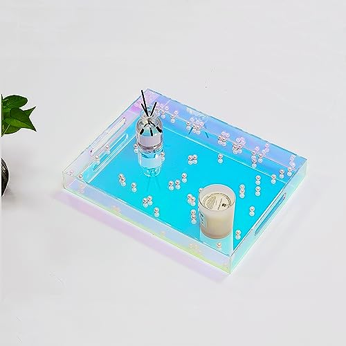 16 x 12 x 2.6-Inch Iridescent Acrylic Serving Tray with Handles Spill Proof