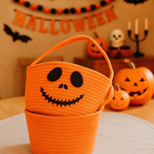 Halloween Woven Basket Candy Storage Bin with Smiley Ghost - Portable Trick or Treat Container