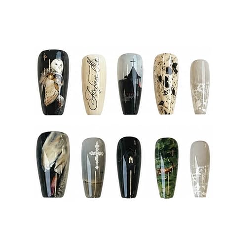 Press On Nails Long Coffin Goth Black with Owl Castle Design - 30 pcs, Variation 01701-22Black