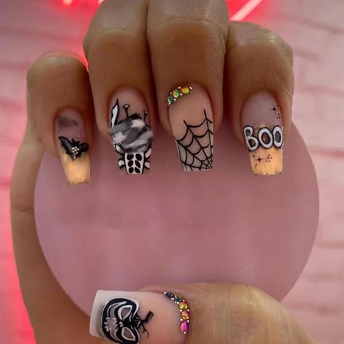 Halloween Press On Fake Nails - Medium Length Matte Nail Set with Stitch Pumpkin & Spider Web Designs - Style13
