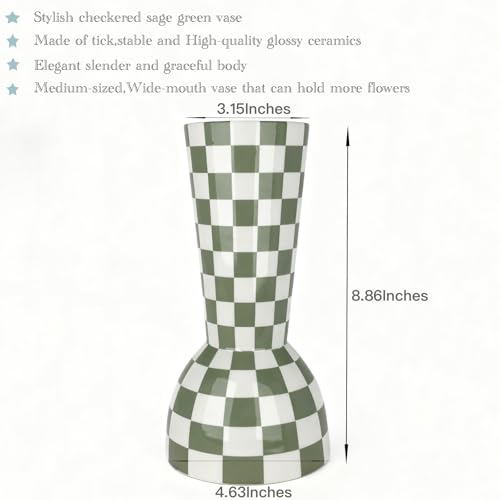 Sage Green Checkered Vase - Modern Ceramic Flower Vase for Home Decor & Centerpieces