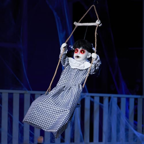 Halloween Outdoor Hanging Swing Girl Decor with Creepy Sound and Light-Up Eyes
