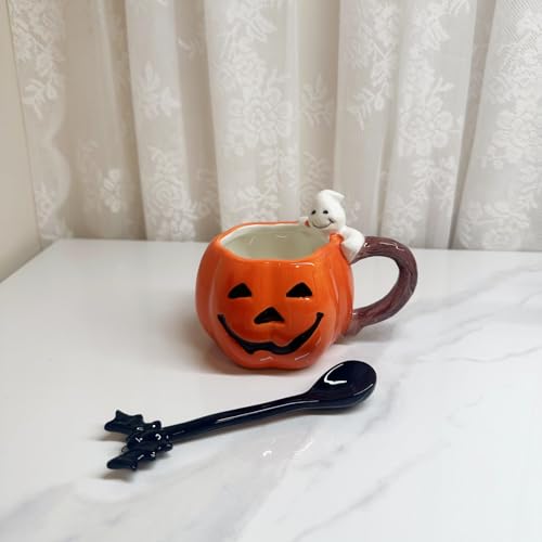Halloween Pumpkin and Ghost Ceramic Mug Set - 6oz Hand-Painted Coffee Tea Cup with Saucer & Bat Spoon