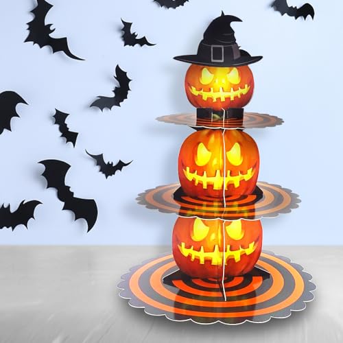 Halloween Pumpkin Cupcake Stand 3-Tier Tower for Dessert Table - Orange Cardboard, Style 1