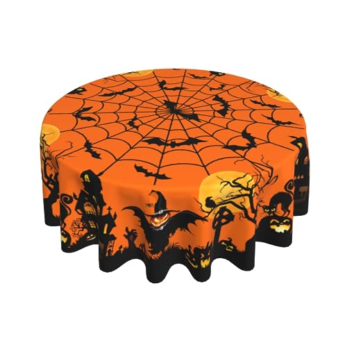 Halloween Round Tablecloth 60 Inch Spooky Pumpkin Cat Web Bat Decor Variation 1