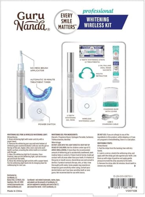 GuruNanda Professional Teeth Whitening Wireless Kit with LED Light & Whitening Pen, Helps Remove Surface Stains from Coffee, Food, Soda, 40 Treatments
