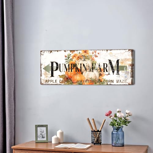 Fall Pumpkin Wall Art Canvas - Rustic Autumn Decor for Kitchen & Door - 6x17 Inches - Pumpkin-1