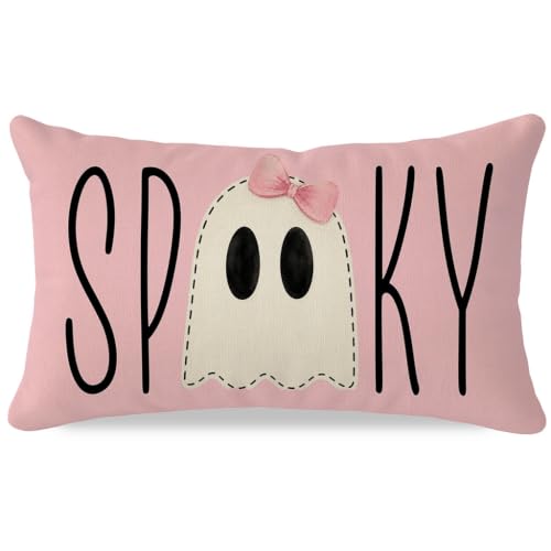 Pink Halloween Throw Pillow Cover 12x20 Spooky Ghost Decor - Pack of 1