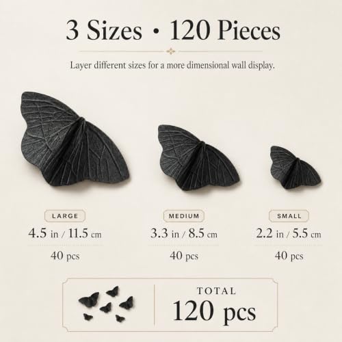 Halloween 3D Moth Wall Decor Stickers - Black Butterfly Set, 120 Pieces in 3 Sizes