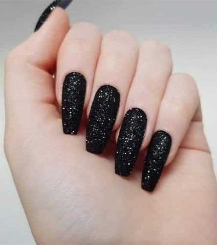 Long Black Glitter Coffin Press-On Nails Set - 12 Sizes with Glue & Stickers - Variation 08-Long Black Glitter