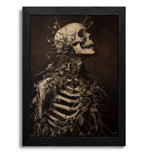 Framed Gothic Skeleton Wall Art - Dark Academia Halloween Home Decor 16x12in - Skeleton Print
