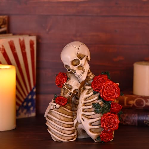 White Snuggling Gothic Skeleton Couple Resin Statue with Roses - Halloween Decor