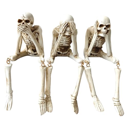 Halloween Skeleton Statues Set of 3 - Resin Gothic Skeleton Decor - See No Evil Hear No Evil Speak No Evil