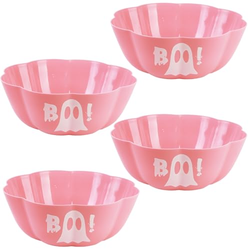 Pink Halloween Candy Bowl Set - Reusable Plastic Pumpkin Trick or Treat Bowls, 11.6x4.3 Inches