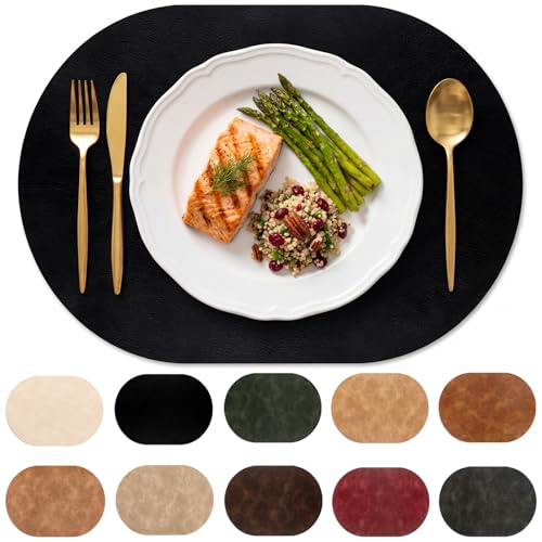 Faux Leather Placemats Set of 6 - Black, Ultra-Thick 2mm, No-Curl Flat Pack