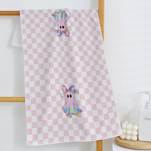 Pastel Pink Halloween Ghost Checkered Kitchen Towels - Fall Decor 005