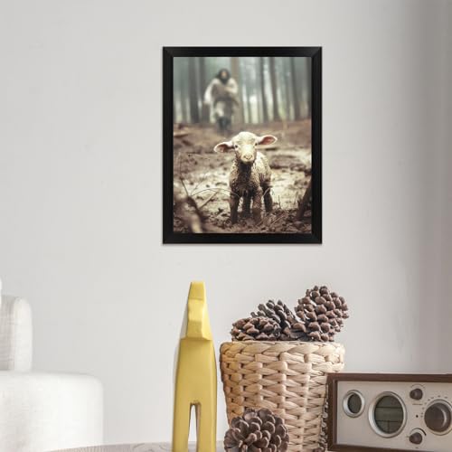 Christian Wall Art Jesus Chasing Lamb Canvas Framed Decor 16x12 Navy