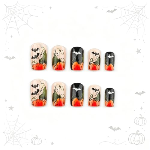 Halloween Press On Nails Short Square Pumpkin Fake Nails - Variation 014