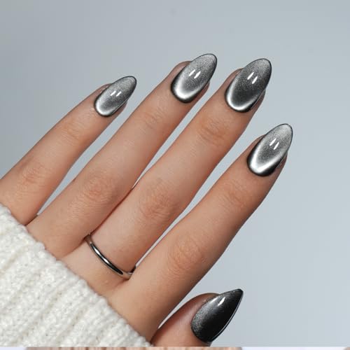 Herlight Graphite Pulse Black Cat Eye Reusable Press On Nails - Almond, Silver Shimmer, Short Style