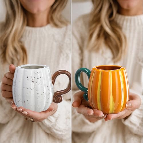 White Pumpkin Mug 16 oz Halloween Ceramic Coffee Cup - Set of 2