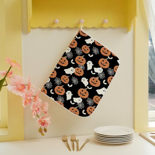Halloween Pumpkin Ghost Spider Web Dish Drying Mat 18 x 24 Inch Black Spooky Cartoon Print - Pack of 1