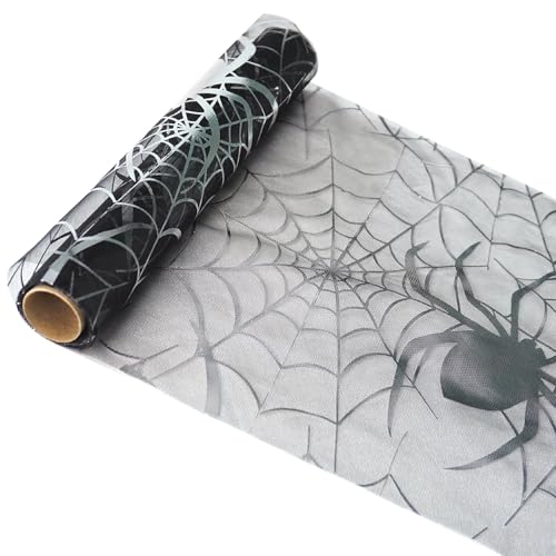 Halloween Table Runner Silver Spider Web Pattern 13x72 Inch Gothic Table Cover