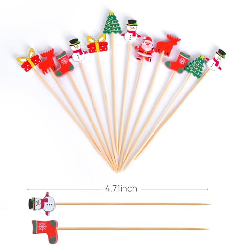 Christmas Toothpicks Pack - 100 Natural Bamboo Cocktail Picks with Holiday Designs