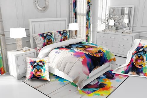 Fairy Tale Schnauzer Duvet Cover Set Twin Size Watercolor Dog Bedding with Pillowcase - White Pink