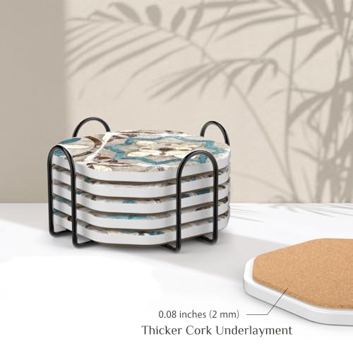 Mandala Ceramic Coasters Set of 6 with Holder - Absorbent Vintage Tile