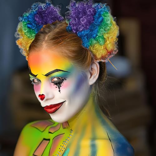 Rainbow Clown Wig Set with Face Gems - 2 Pcs Afro Puff Bow Extensions for Cosplay & Parade