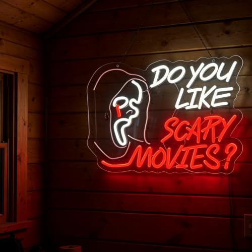 Scary Movies Neon Sign Wall Decor - White+Red Horror Theme for Game Room & Man Cave