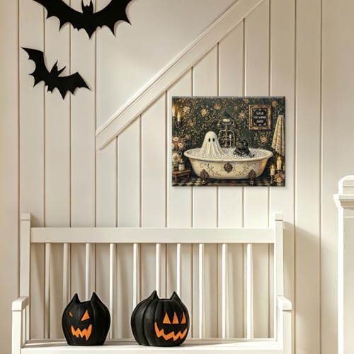 Halloween Wall Art Vintage Ghost and Cat Bathing Canvas - WashWorry Variation