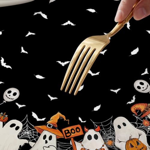 Halloween Fitted Round Tablecloth 45-56 inch Ghost Bat Black - Ghost Variation