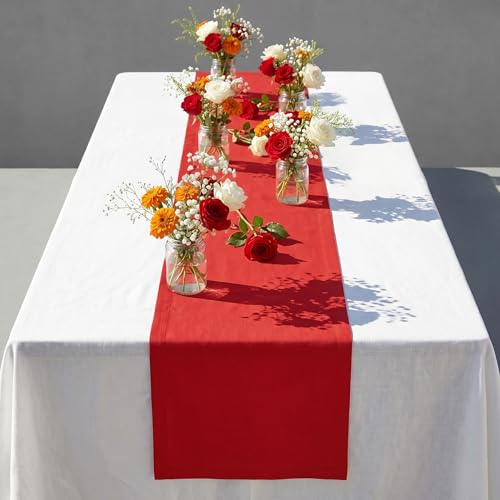 Red Linen Table Runner 14x156 Inches Extra Long - Handcrafted European Flax