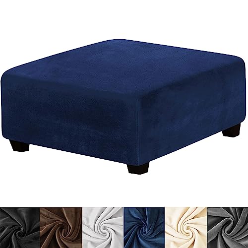 Medium Blue Velvet Ottoman Cover - Square Slipcover with Elastic Bottom, Washable & Protective