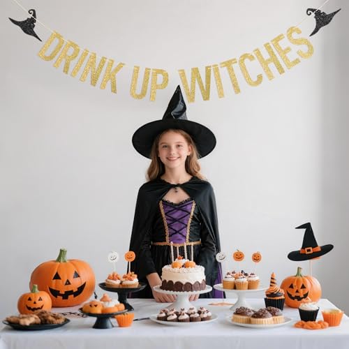 Halloween Witches Banner with Gold Glitter - Pre-Strung Party Decor