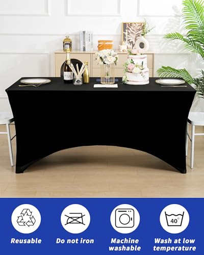 Fixwal 6ft Black Spandex Fitted Table Cover - Pack of 6, Rectangle, Stretchy & Wrinkle-Resistant, For Event & Party Use