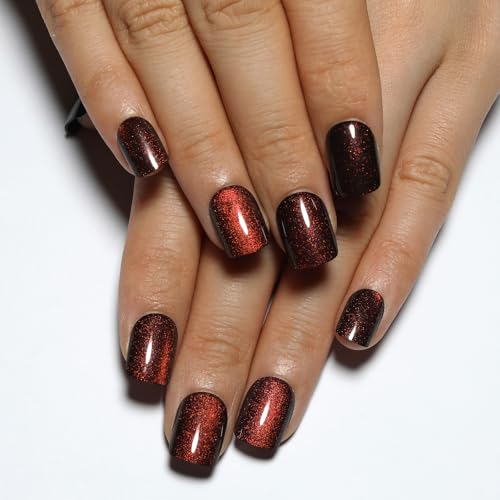 Short Wine Red Cat Eye Press On Nails with Color-Shifting Glow - M05 Crimson Spell