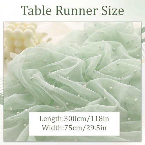 Pearl White Gauze Table Runner 120 Inch with Studded Pearls for Wedding & Party - Light Green Variation